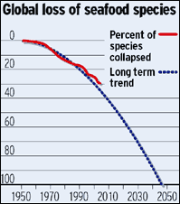 Graph showing the decline of fish colonies leading to a total collapse in the year 2050
