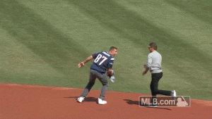 A gif of Gronkowski being tackled by Tom Brady at Fenway