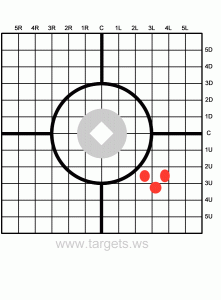 Rifle sighting target sheet showing 3 shots "grouped" together