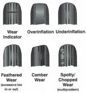 6 tires showing various wear pattern